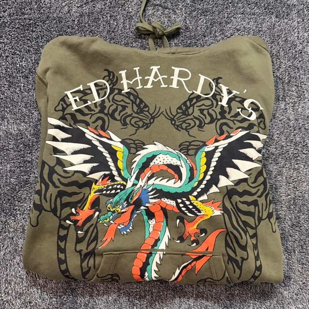 Vintage 00s Y2K Ed Hardy hoodie dragon skater streetwear aop size medium